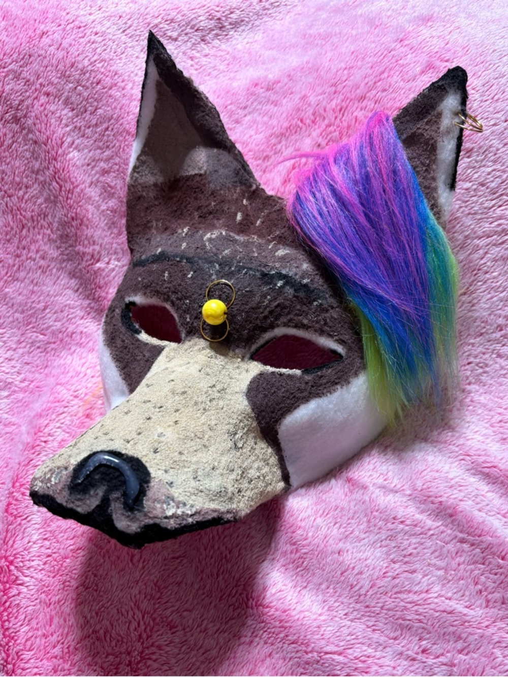 Rainbow-Accented Brown & White Dog Therian Canine Costume Mask